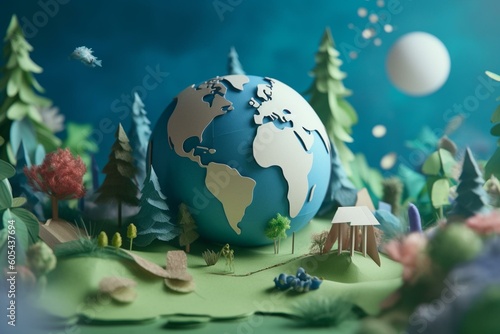 Earth day theme with globe and environment in paper art style. Generative AI