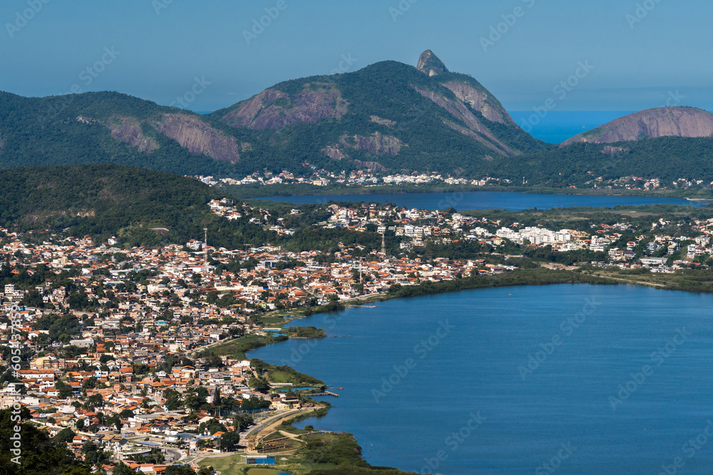Beautiful view of the Lagoon and beach of Piratininga, Camboinhas, Itacoatiara in Niterói, Rio de Janeiro, Brazil, with the beautiful hills and exuberant nature. Sunny day