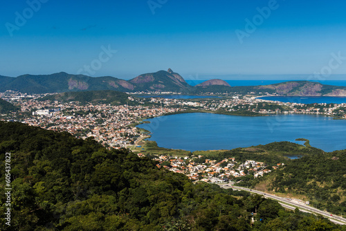 Beautiful view of the Lagoon and beach of Piratininga, Camboinhas, Itacoatiara in Niterói, Rio de Janeiro, Brazil, with the beautiful hills and exuberant nature. Sunny day