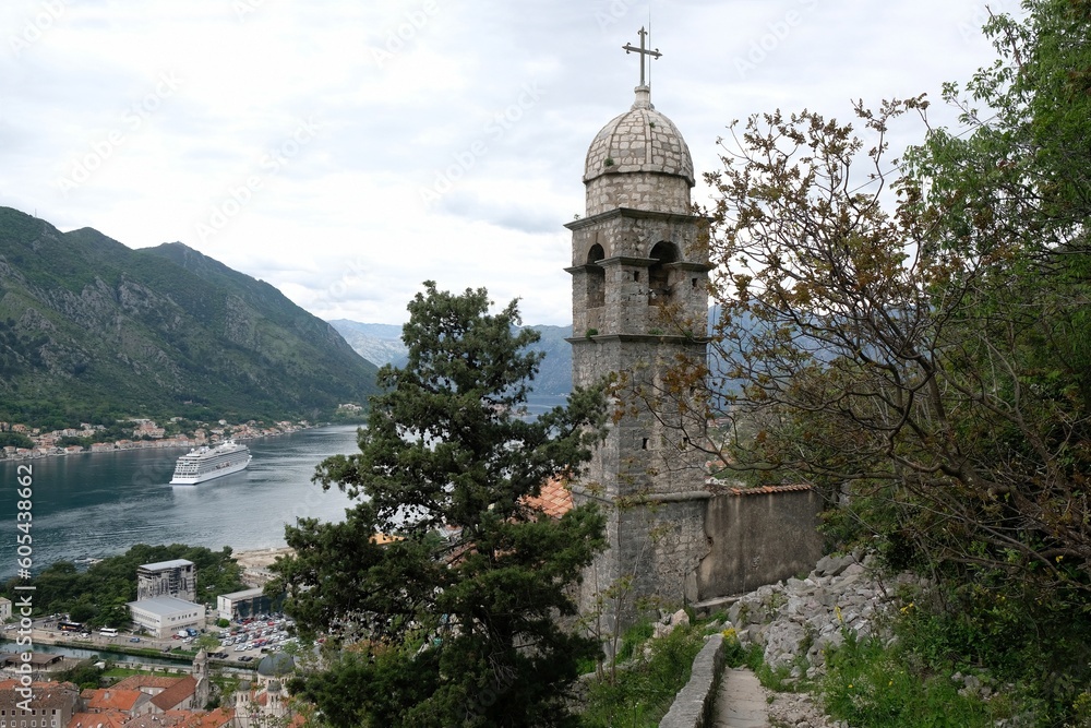 Fortress wall with tower of church in Kotor, Montenegro. 