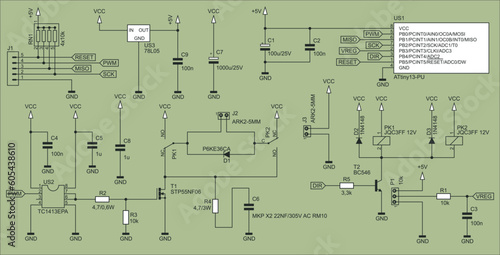 Vector pattern of electronic components and conductors.
Connection of peripheral devices to the microcontroller.
Electrical
schematic diagram of an electronic device.
Electric background.