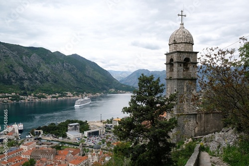 Fortress wall with tower of church in Kotor, Montenegro. 