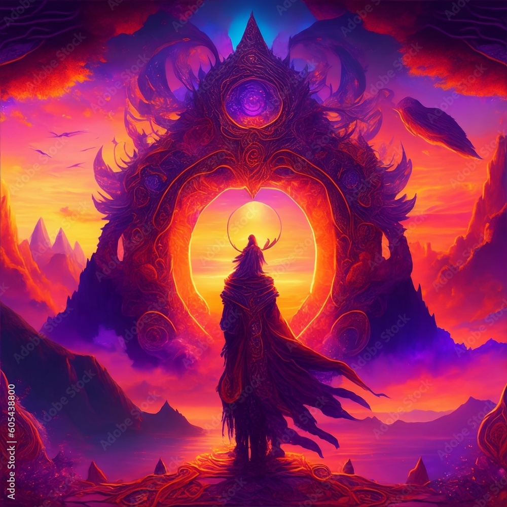 Beneath a radiant sunset sky, ablaze with hues of orange and purple, a mythical figure draped in a cloak adorned with intricate Aztec patterns stands before a mesmerizing portal