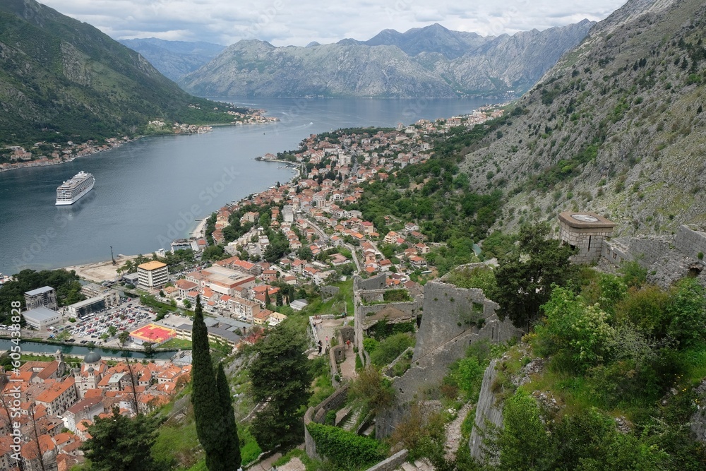 Panorama of Kotor from ancient fortress wall, Montenegro. Kotor is a beautiful historic city on the Unesco list.