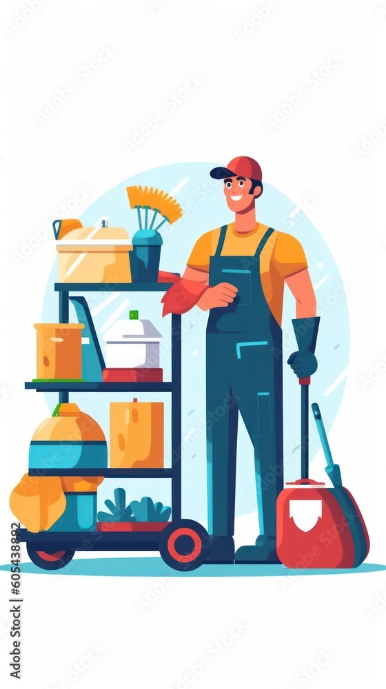 janitor cleaner in uniform with cleaning equipment, office home cleaning services company
