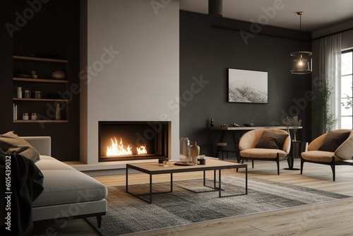 Simplistic living space featuring a modest fireplace. Generative AI