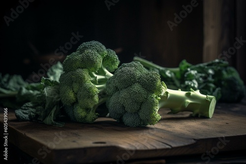 Fresh green broccoli on a rustic wooden table. Generative AI