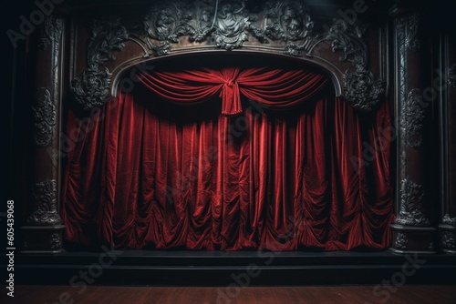 Red velvet theater curtain on a stage. Generative AI