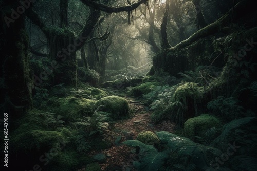 Mystical woodland with enchanted clearing. Generative AI