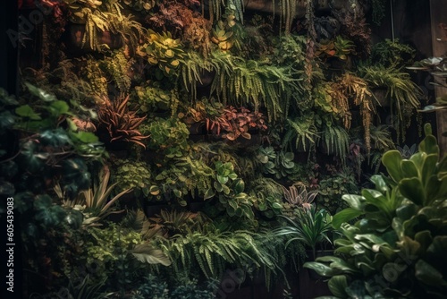 Vertical garden of decorative plants on a wall. Generative AI