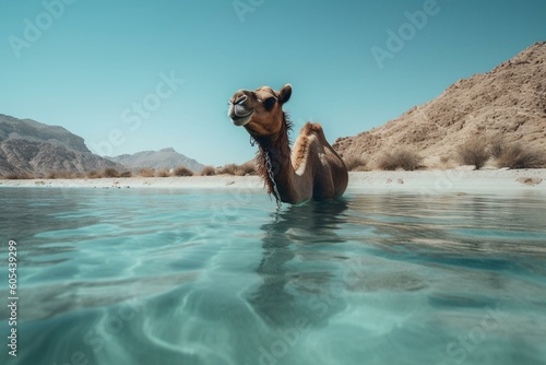 Camel on clear blue water by exotic beach. Generative AI