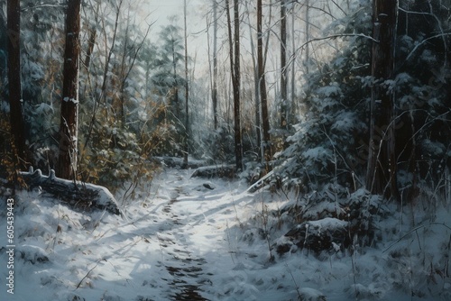 An oil painting of a snowy, isolated forest during the winter solstice. Generative AI