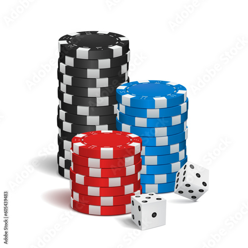Poker chips with dice on a white background. Vector illustration.