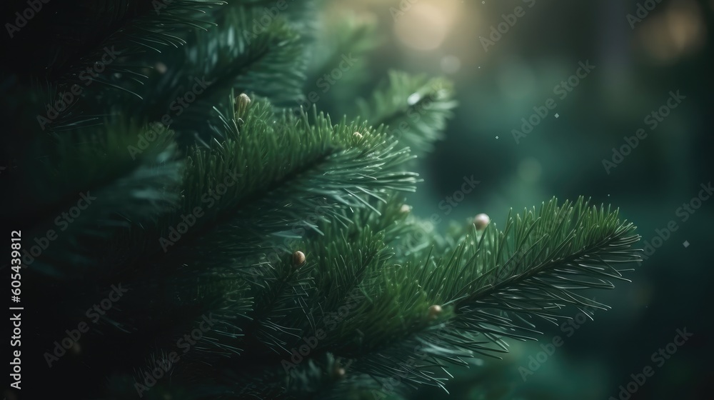 Green branches of Christmas tree and pine. Christmas and New Year background. Festive seasonal Christmas bright background. Holiday poster and banner, greeting card. generative ai