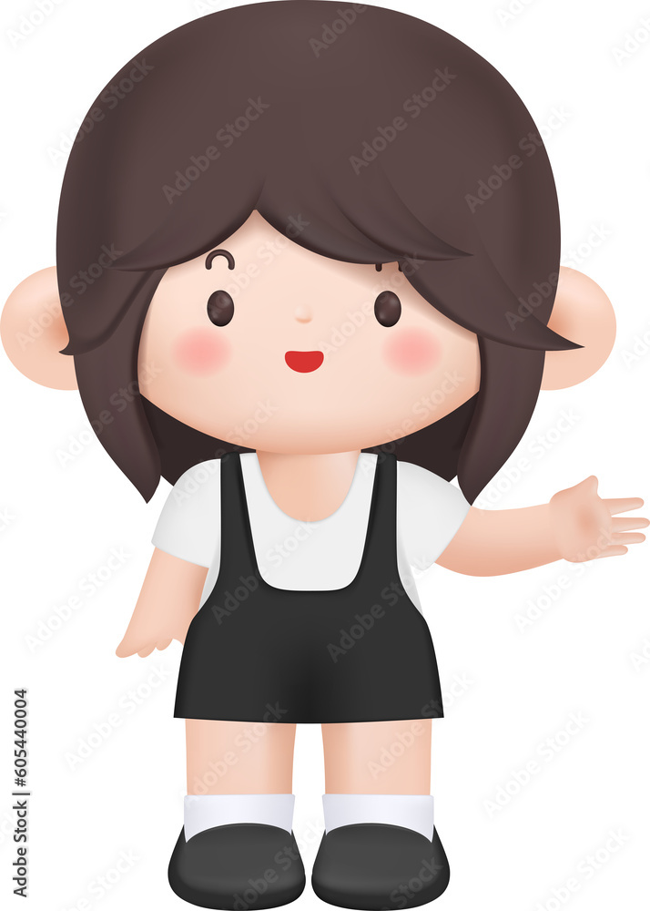 3d Cute girl welcome pose in businesswoman office worker employee style. PNG cartoon design.