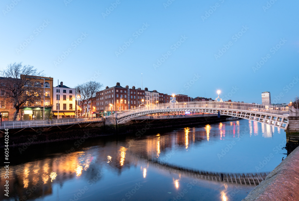 A famous tourist attraction in Dublin, Ireland, Ha'penny Bridge.