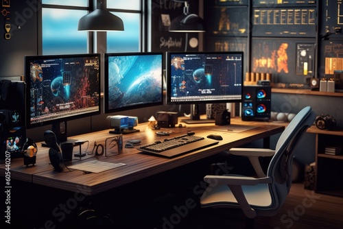 Tech-savvy creative business desk with multiple monitors, cutting-edge gadgets, and a variety of digital tools, highlighting a tech-driven and innovative workspace Generative AI