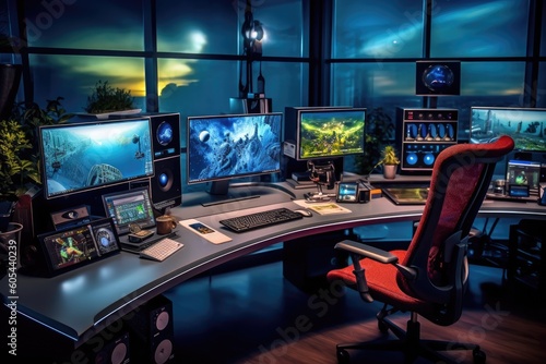 Tech-savvy creative business desk with multiple monitors, cutting-edge gadgets, and a variety of digital tools, highlighting a tech-driven and innovative workspace Generative AI © Hanjin