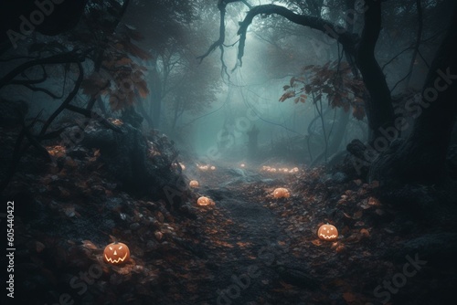 Dark, eerie forest with Halloween-themed design. 3D rendering. Generative AI