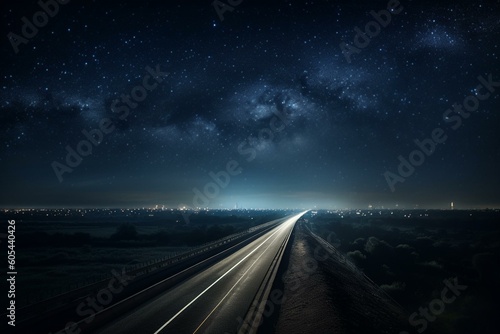 Illustrated moonlit night over a highway stretching to the horizon. Generative AI