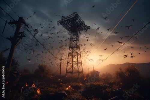 Rendering of a power outage on an electricity tower. Conceptual image depicting an electrical crisis. Generative AI photo