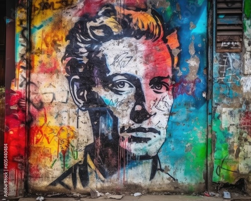 Colorful and cryptic graffiti street art depicts fresco portrait. (Generative AI)