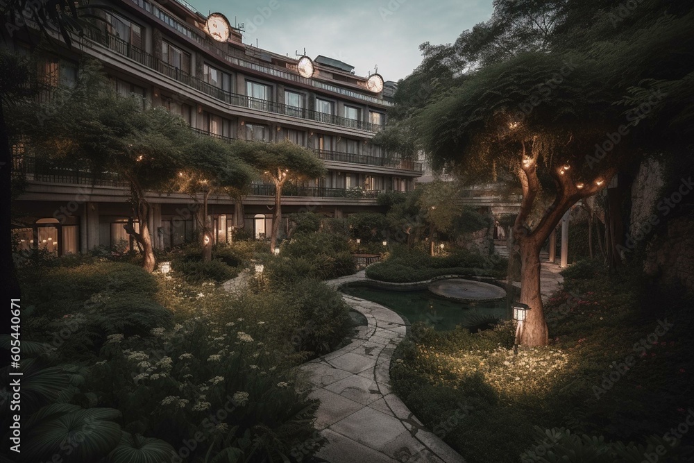 Hotel with park landscape. Generative AI