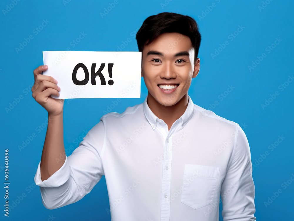 Handsome young Asian man holding up OK sign on white paper. Generative AI. Handsome young Asian man holding up OK sign on white paper. Generative AI.