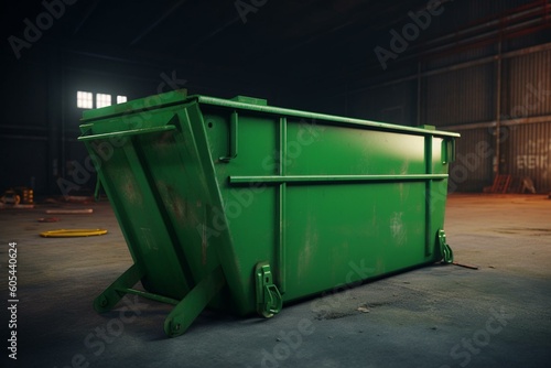 3D rendering of a green dumpster that can be shown as open or closed. Generative AI