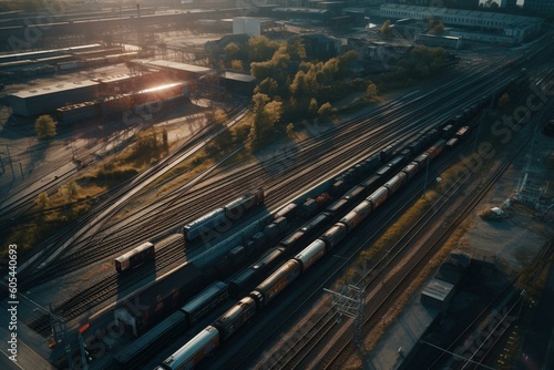 Drone view of speeding trains and highways. Generative AI