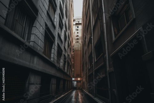 An ominous narrow passage flanked by tall buildings. Generative AI