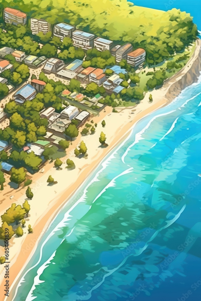 Coastal town with sandy beach, azure water, lush trees. Generative AI