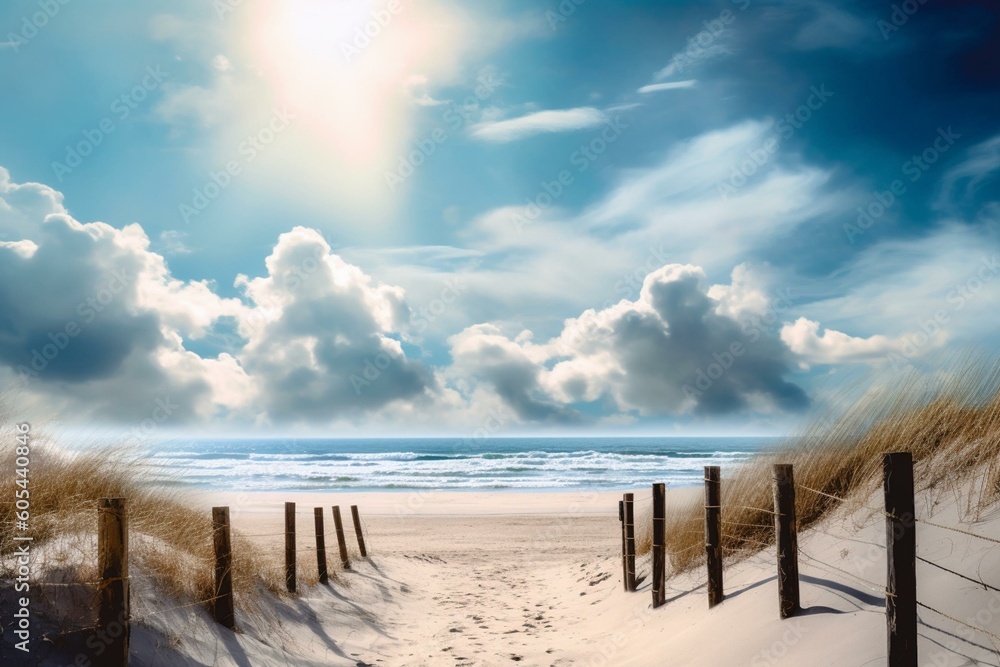 A beach painting with a path to the ocean, blue sky and clouds. Made on location with matte technique. Generative AI