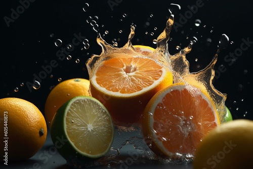 A vibrant explosion of citrus fruit in motion. Generative AI