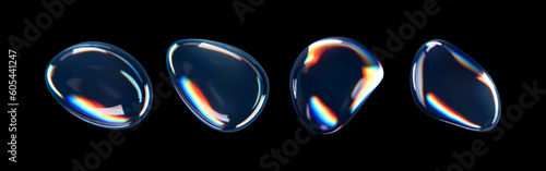 3d glass liquid abstract, fluid shape with holographic effect isolated on black background. Render of transparent glass circle liquid object, soap water bubble with reflection. 3d vector illustration