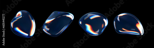 3d glass liquid abstract, fluid shape with holographic effect isolated on black background. Render of transparent glass circle liquid object, soap water bubble with reflection. 3d vector illustration