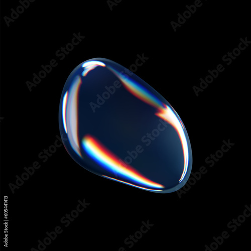 3d glass liquid abstract, fluid shape with holographic effect isolated on black background. Render of transparent glass circle liquid object, soap water bubble with reflection. 3d vector illustration