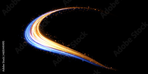 Abstract light lines of high speed traffic, blue golden colors. Light everyday glowing effect. semicircular wave, light trail curve swirl, optical fiber incandescent png.