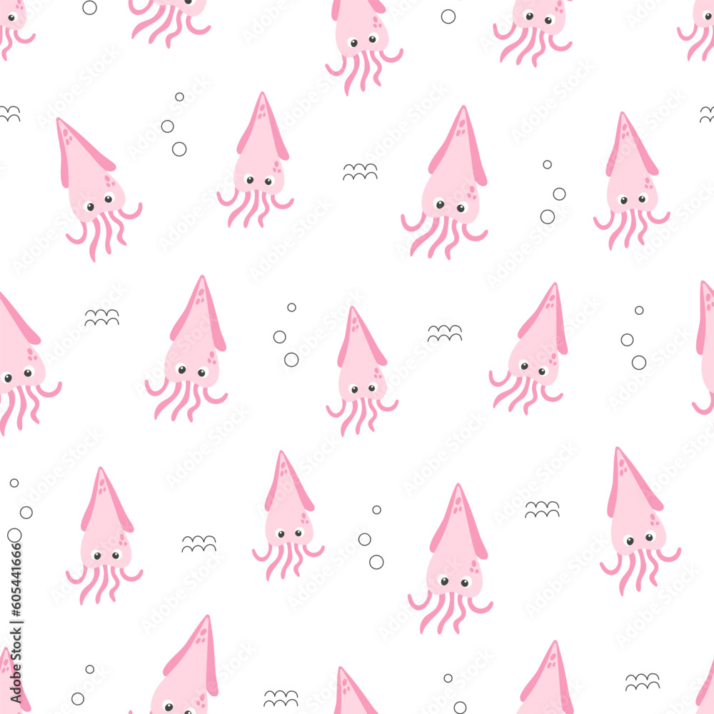 Cute pink squid vector seamless pattern. Sea life childish flat cartoon background. Cute pink squid vector seamless pattern. Sea life childish flat cartoon background.