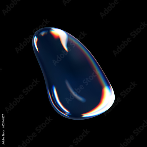3d glass liquid abstract, fluid shape with holographic effect isolated on black background. Render of transparent glass circle liquid object, soap water bubble with reflection. 3d vector illustration