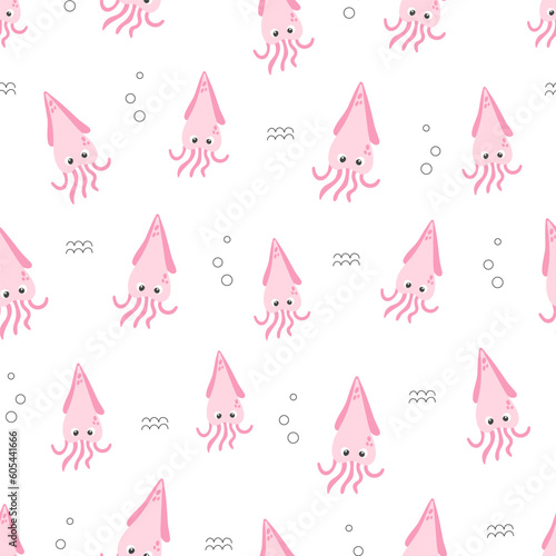 Cute pink squid vector seamless pattern. Sea life childish flat cartoon background.