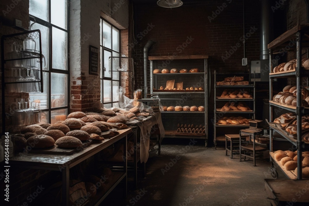 Capturing the cozy ambience of a rustic and industrial bakery. Generative AI