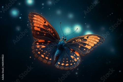 Digitally created glowing butterfly on space background. Generative AI © Kenneth