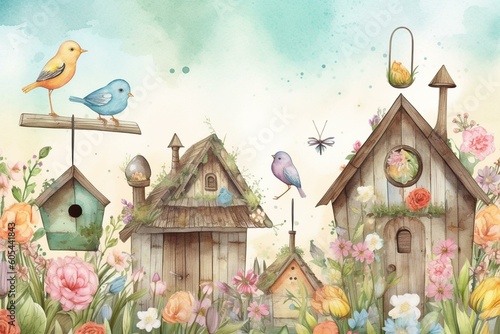 Easter-themed watercolor illustration featuring bird houses, flowers, and Easter greeting in postcard format. Generative AI © Jeff
