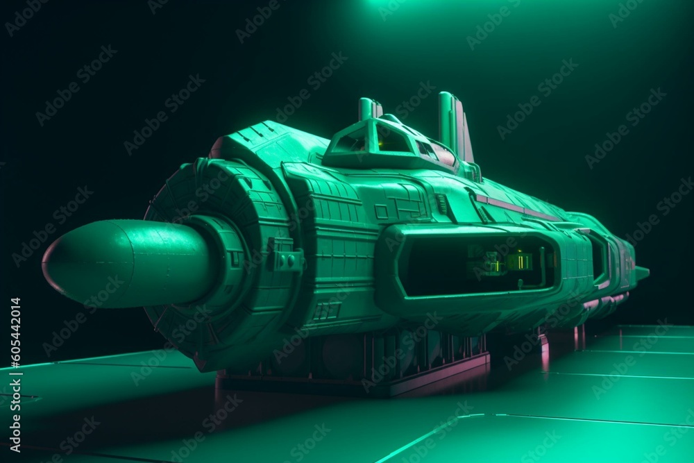 3D spaceship on green screen - front view. Generative AI