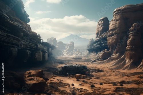 Futuristic desert vista made with sci-fi tech. Generative AI
