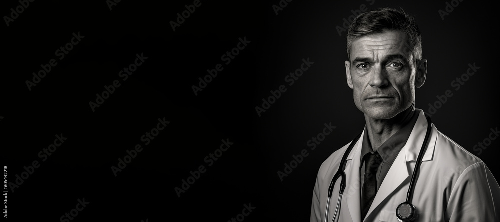 Black and white photorealistic studio portrait of a male medical doctor on black background. Generative AI illustration Black and white photorealistic studio portrait of a male medical doctor on black background. Generative AI illustration