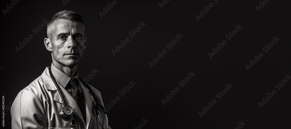 Black and white photorealistic studio portrait of a male medical doctor on black background. Generative AI illustration Black and white photorealistic studio portrait of a male medical doctor on black background. Generative AI illustration