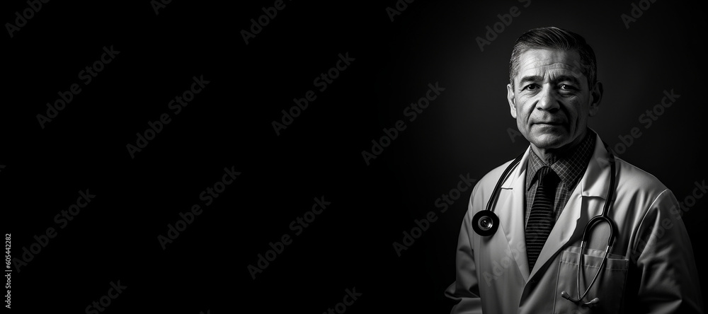 Fototapeta premium Black and white photorealistic studio portrait of a male medical doctor on black background. Generative AI illustration