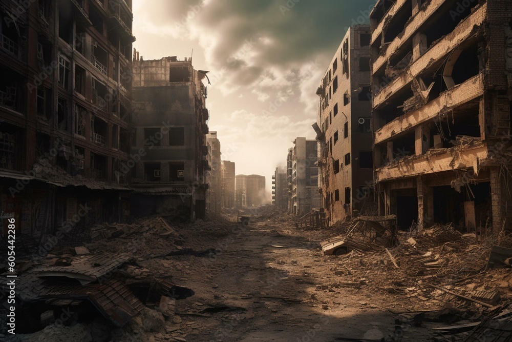 Devastated urban landscape post-war, resembling an apocalypse. Generative AI